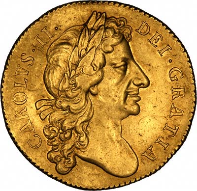 Charles II on Obverse of 1677 Gold Five Guineas