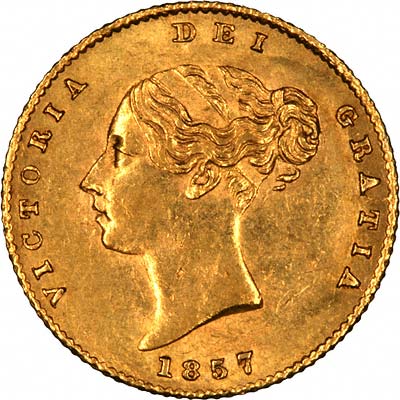 Obverse of 1857 Victoria Young Head Half Sovereign