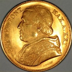 Pope Pius IX on Obverse of 1866 Papal States Gold 100 Lire Coin