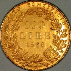 Reverse of 1866 Papal States Gold 100 Lire Coin