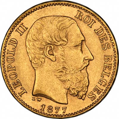 Obverse of Belgian Gold 20 Francs of Leopold II