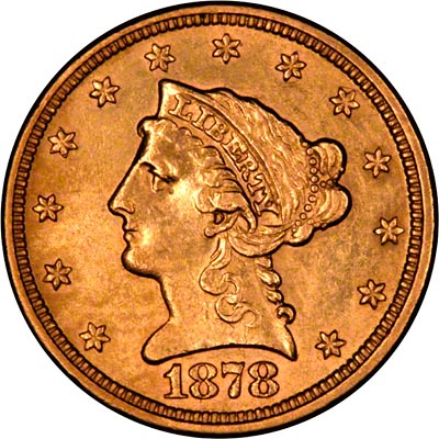Liberty Head Obverse Design on 1878 American Gold Quarter Eagle