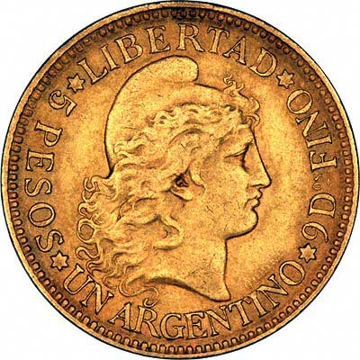 Obverse of Argentinian 5 Pesos of 1886