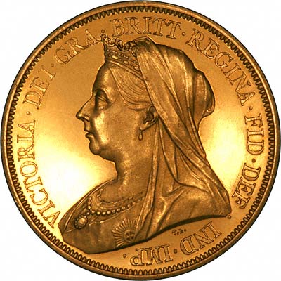 Veiled Head Portrait of Queen Victoria on Obverse of 1893 Gold Circulation Five Pound Coin