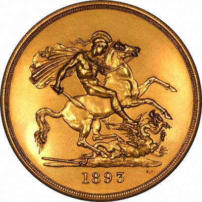 The Classic St. George & Dragon Design on Reverse of 1893 Gold Circulation Five Pound Coin