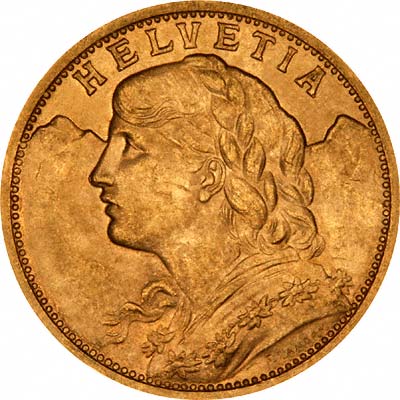 Obverse of 1900 Vrenelli Swiss 20 Francs