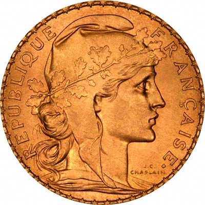 Head of Marianne as Ceres on Obverse of 1908 French 20 Francs