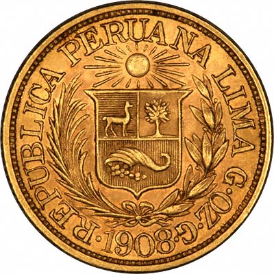 Obverse of Gold 1908 Peru Half  Libra