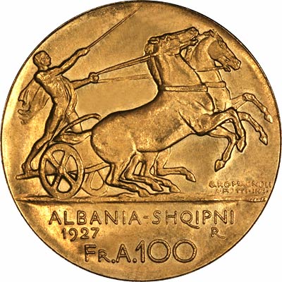 Reverse of 1927 Albania 100 Franga Ari