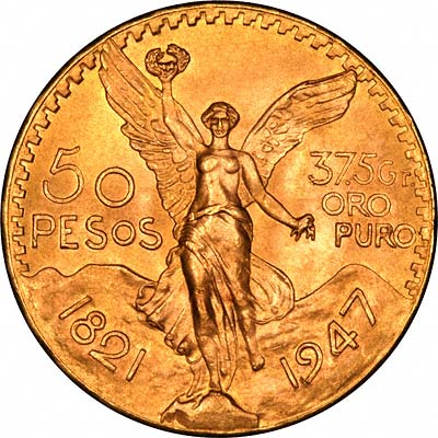 Obverse of 1947 Mexican Gold 50 Pesos