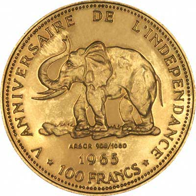 Elephant on Reverse of 1965 Congo 100 Francs