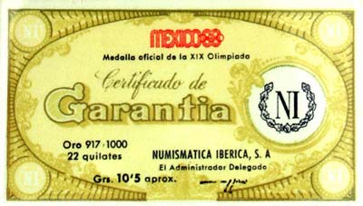 Certificate for 1968 Mexican Gold Medal