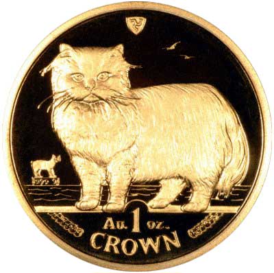 Persian Cat on Reverse of 1989 Manx Gold Proof Crown