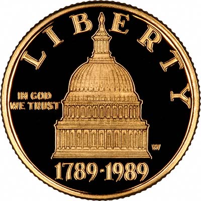 The Congress Building on Obverse of 1989 Gold Proof $5 Commemorative Coin