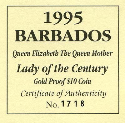 1995 Barbados Gold Proof $10 Certificate