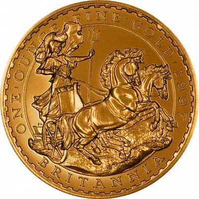 Britannia as Boudicca in Chariot on Reverse of 1997 One Ounce Gold Proof Britannia