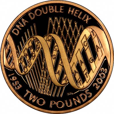 Reverse of 2003 DNA Gold Proof Two Pound Coin