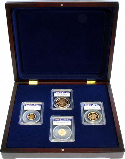 2005 Four Coin Cased Proof Set Five Pounds to Half Sovereign Encapsulated in Wooden Box