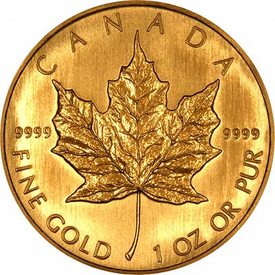 Reverse of Canadian One Ounce Gold Maple Leaf Coin