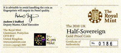 2010 Proof Half Sovereign Certificate