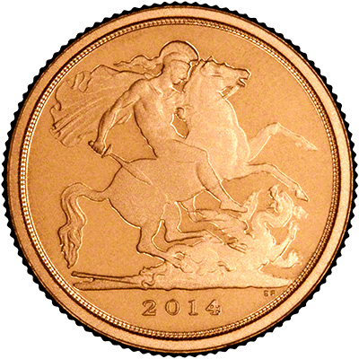 Obverse of 2014 Gold Proof Quarter Sovereign