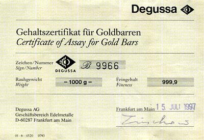 Certificate for Degussa Kilo Gold Bar
