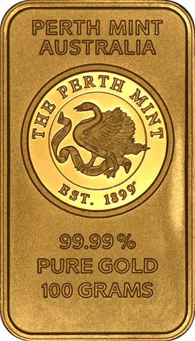 Obverse of Perth Mint Oriana 100 Gram Gold Bar