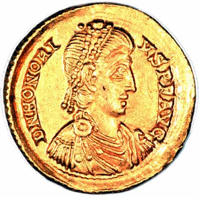 Obverse of Roman Gold Solidus of Honorius